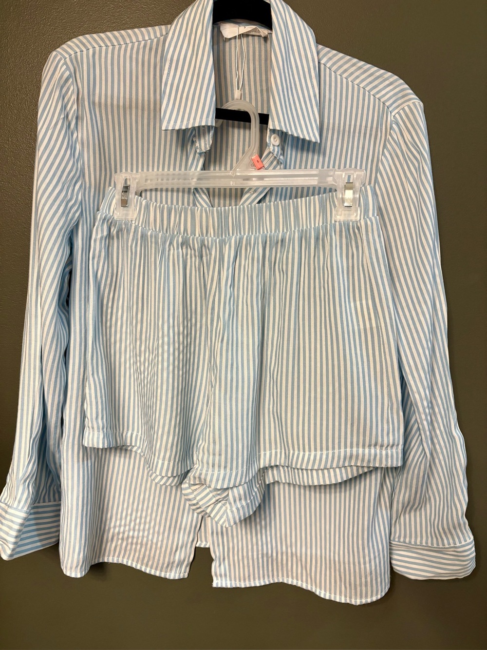 Striped Light Blue & White Women’s Button-Up Shirt & Shorts Sleep Set